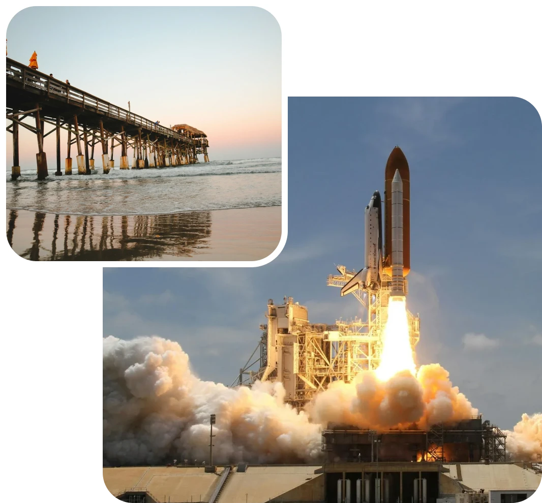 Space shuttle launching, dock over ocean