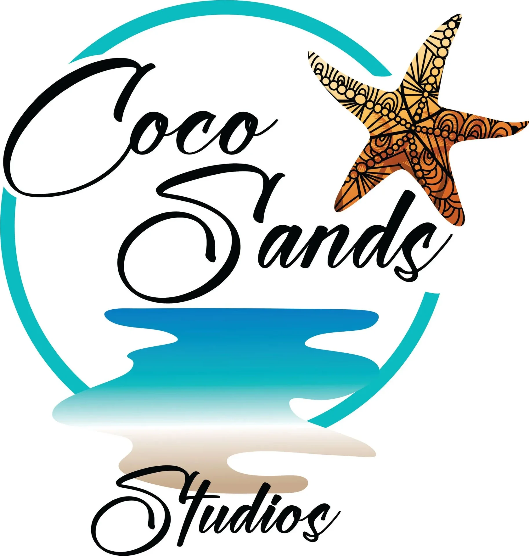 Logo featuring 'Coco Sands Studios' with a starfish and turquoise wave design.